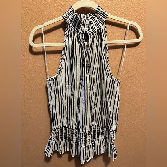 INC Women's Black/White Striped Keyhole Smocked-Waist Halter Top - Picture 3 of 9